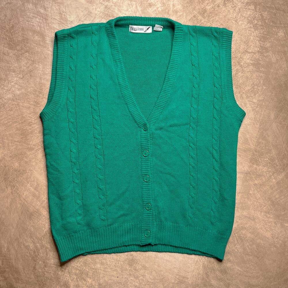 Vintage 90s Collections Cable Knit Sweater Vest Green V Neck Sleeveless Holiday